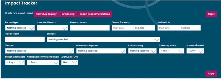 Screengrab of Healthwatch England impact tracker