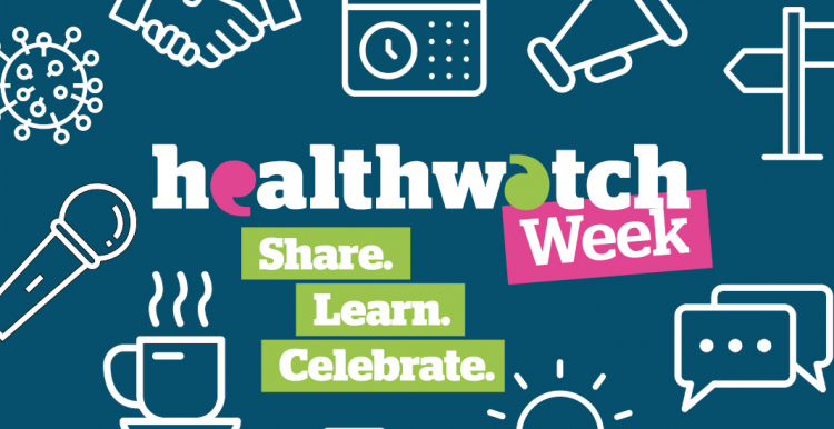 Healthwatch Week Logo with the words share, learn and celebrate 