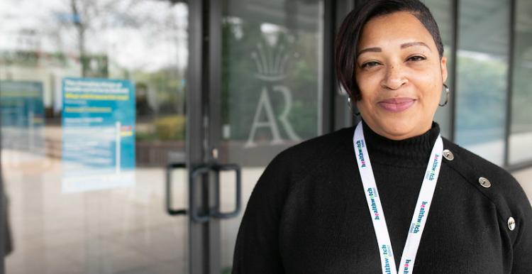 Professional woman wearing lanyard