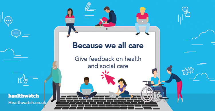 Cartoon drawing of people sitting around a laptop with the campaign slogan Because We All Care Cartoon drawing of people sitting around a laptop with the campaign slogan Because We All Care