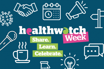 Healthwatch Week Logo with the words share, learn and celebrate 